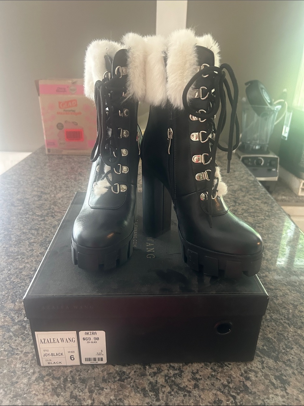 Azalea Wang Black Faux-Fur Lug-Heel Lace-Up Boots